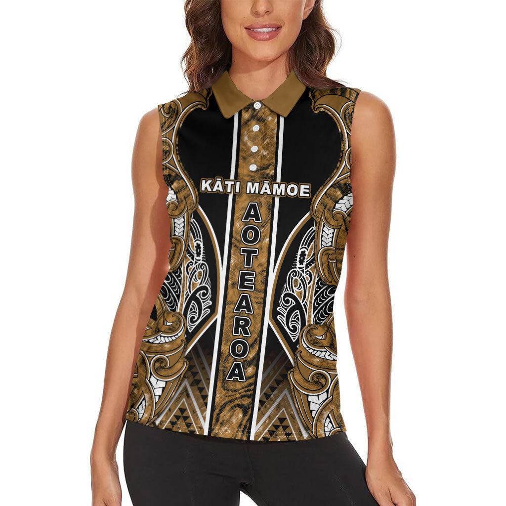 Aotearoa Kati Mamoe Women Sleeveless Polo Shirt Maori Brown Tribal Paua Shell Pattern