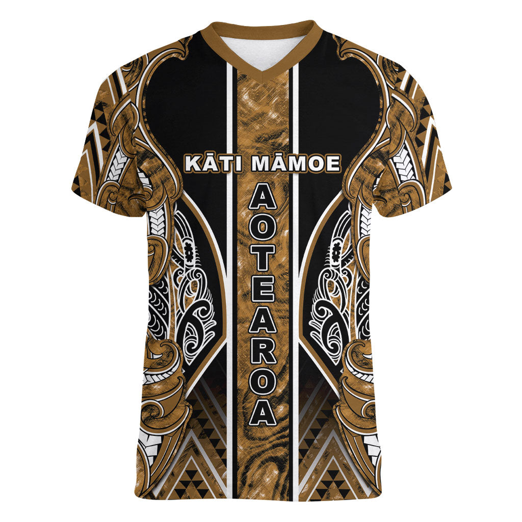 Aotearoa Kati Mamoe Women V-Neck T-Shirt Maori Brown Tribal Paua Shell Pattern