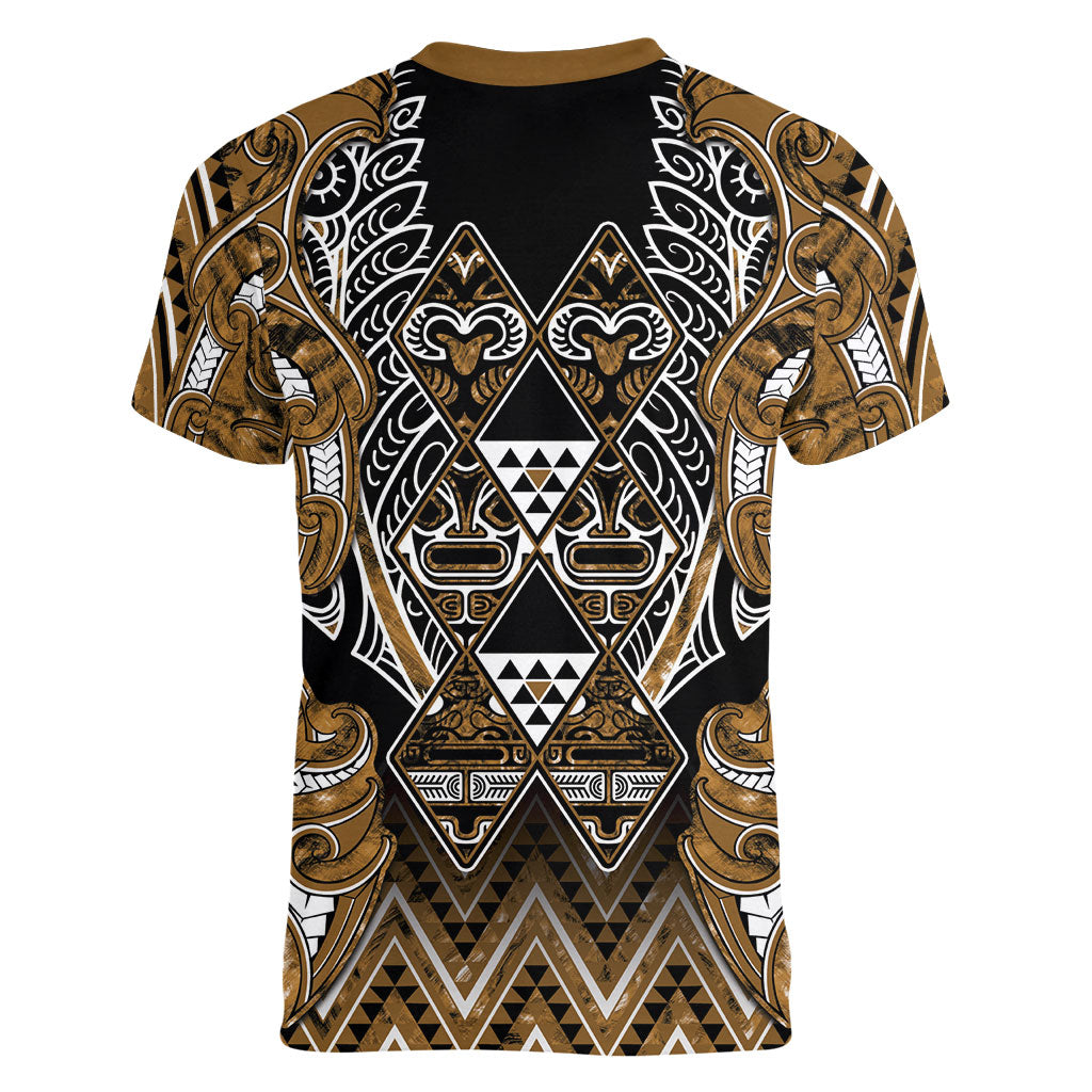 Aotearoa Kati Mamoe Women V-Neck T-Shirt Maori Brown Tribal Paua Shell Pattern