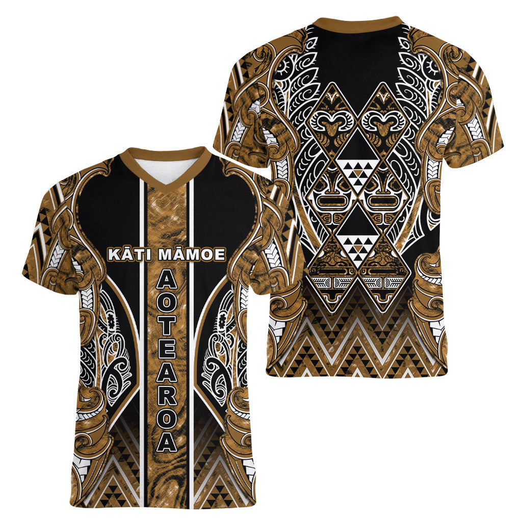 Aotearoa Kati Mamoe Women V-Neck T-Shirt Maori Brown Tribal Paua Shell Pattern