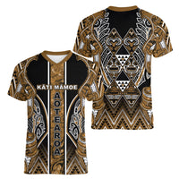 Aotearoa Kati Mamoe Women V-Neck T-Shirt Maori Brown Tribal Paua Shell Pattern