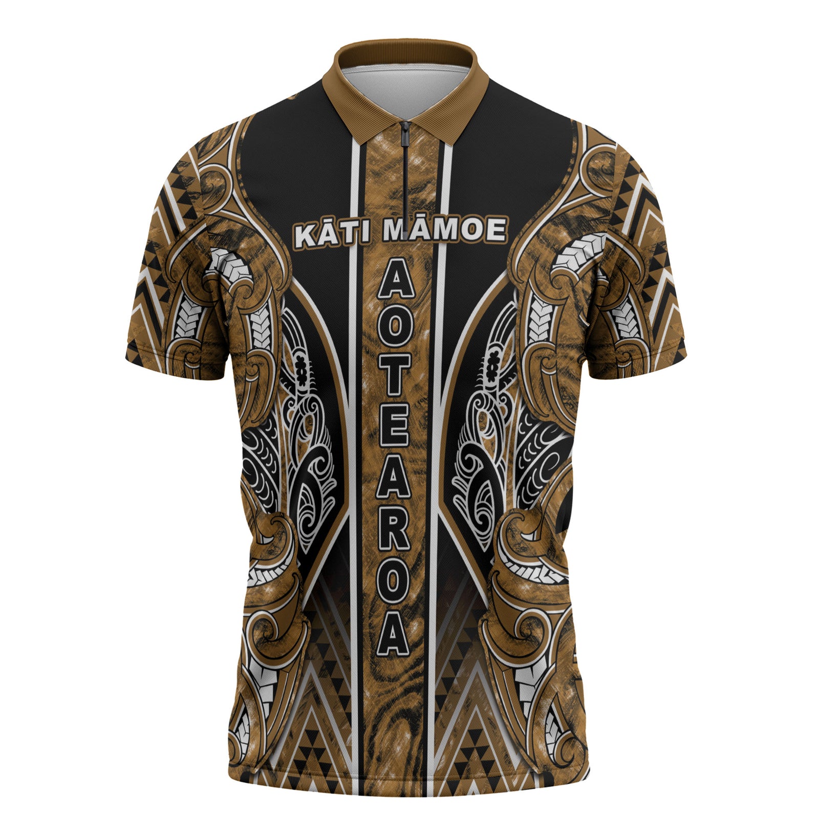 Aotearoa Kati Mamoe Zipper Polo Shirt Maori Brown Tribal Paua Shell Pattern DT05 Brown - Polynesian Pride