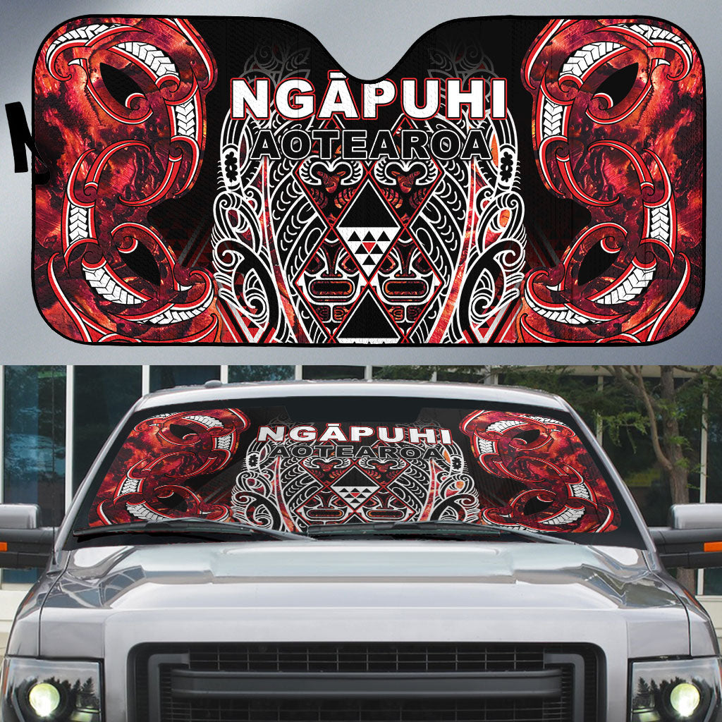 Aotearoa Ngapuhi Auto Sun Shade Maori Red Tribal Paua Shell Pattern DT05 Red - Polynesian Pride