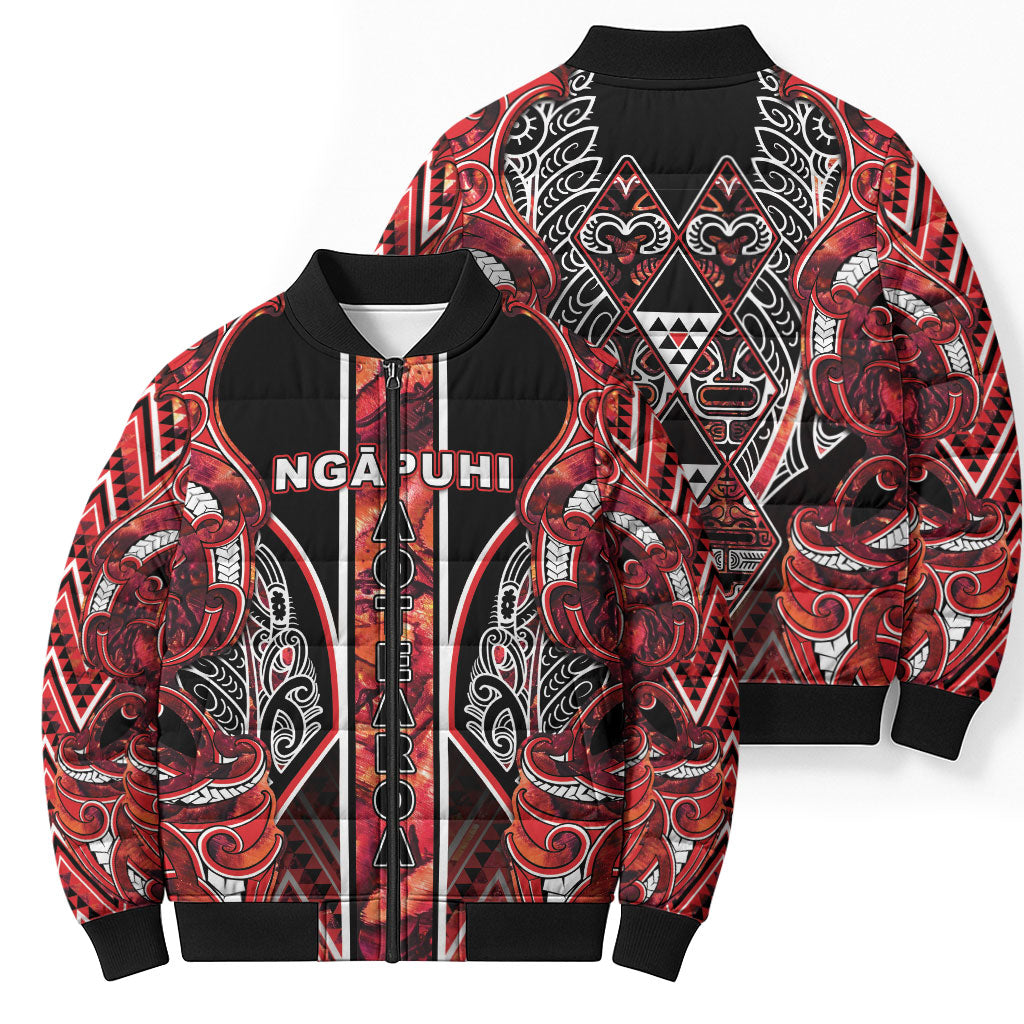 Aotearoa Ngapuhi Bomber Puffer Jacket Maori Red Tribal Paua Shell Pattern