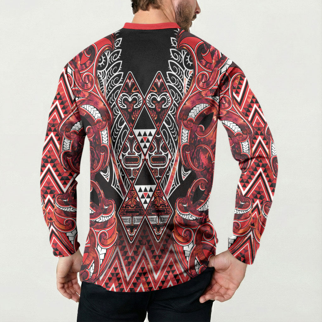 Aotearoa Ngapuhi Button Sweatshirt Maori Red Tribal Paua Shell Pattern