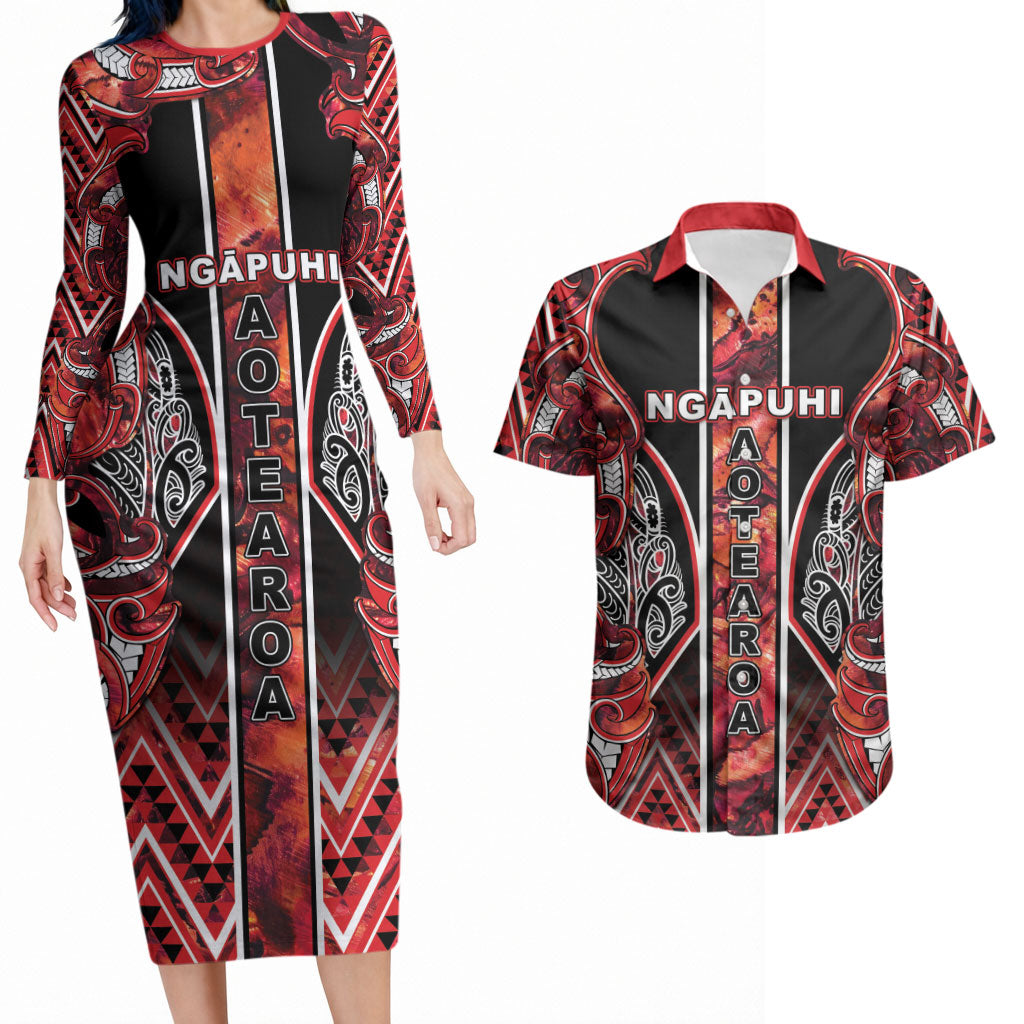 Aotearoa Ngapuhi Couples Matching Long Sleeve Bodycon Dress and Hawaiian Shirt Maori Red Tribal Paua Shell Pattern