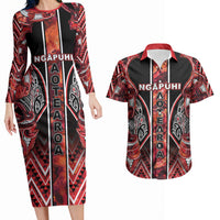 Aotearoa Ngapuhi Couples Matching Long Sleeve Bodycon Dress and Hawaiian Shirt Maori Red Tribal Paua Shell Pattern