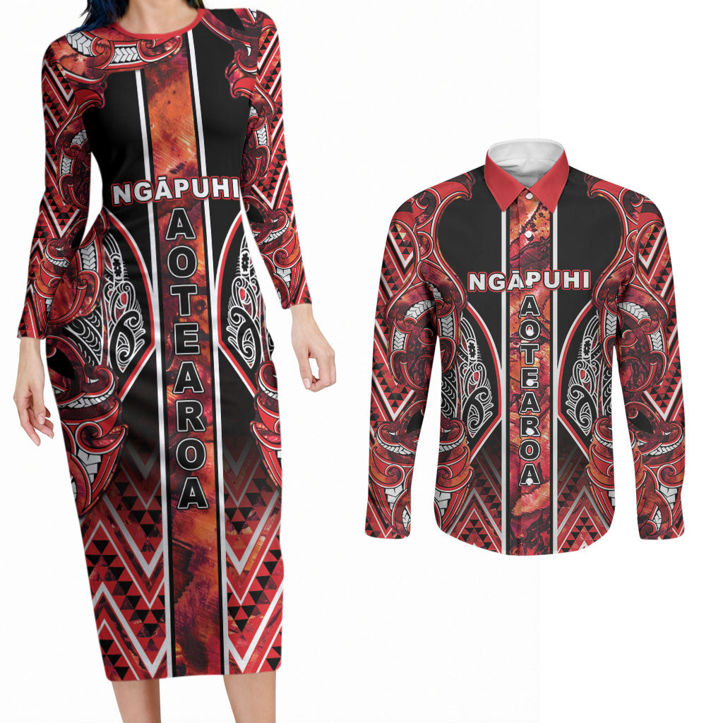 Aotearoa Ngapuhi Couples Matching Long Sleeve Bodycon Dress and Long Sleeve Button Shirt Maori Red Tribal Paua Shell Pattern DT05 Red - Polynesian Pride