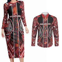Aotearoa Ngapuhi Couples Matching Long Sleeve Bodycon Dress and Long Sleeve Button Shirt Maori Red Tribal Paua Shell Pattern