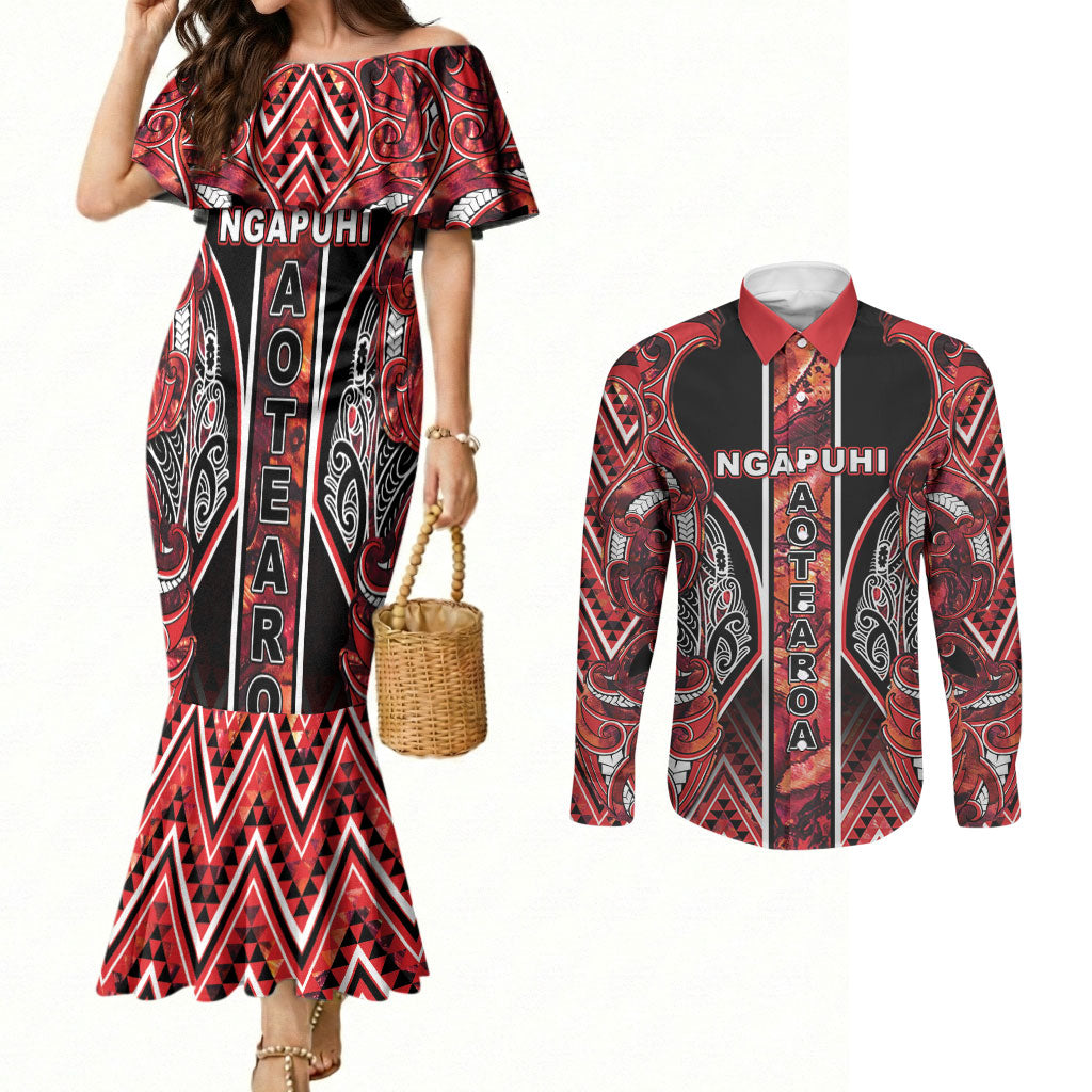 Aotearoa Ngapuhi Couples Matching Mermaid Dress and Long Sleeve Button Shirt Maori Red Tribal Paua Shell Pattern DT05 Red - Polynesian Pride