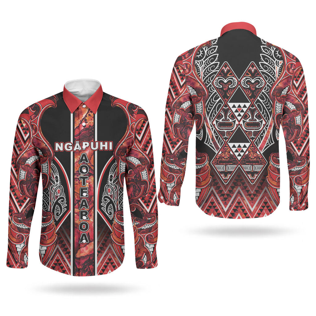 Aotearoa Ngapuhi Couples Matching Mermaid Dress and Long Sleeve Button Shirt Maori Red Tribal Paua Shell Pattern