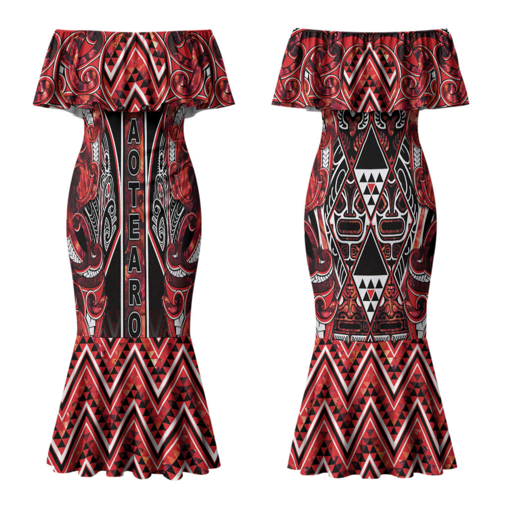 Aotearoa Ngapuhi Couples Matching Mermaid Dress and Long Sleeve Button Shirt Maori Red Tribal Paua Shell Pattern