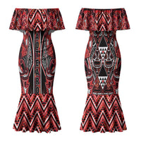 Aotearoa Ngapuhi Couples Matching Mermaid Dress and Long Sleeve Button Shirt Maori Red Tribal Paua Shell Pattern