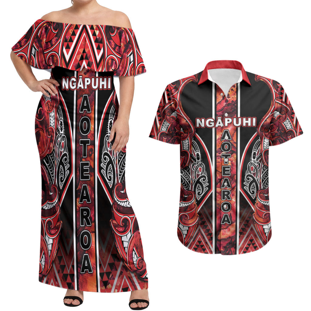 Aotearoa Ngapuhi Couples Matching Off Shoulder Maxi Dress and Hawaiian Shirt Maori Red Tribal Paua Shell Pattern DT05 Red - Polynesian Pride