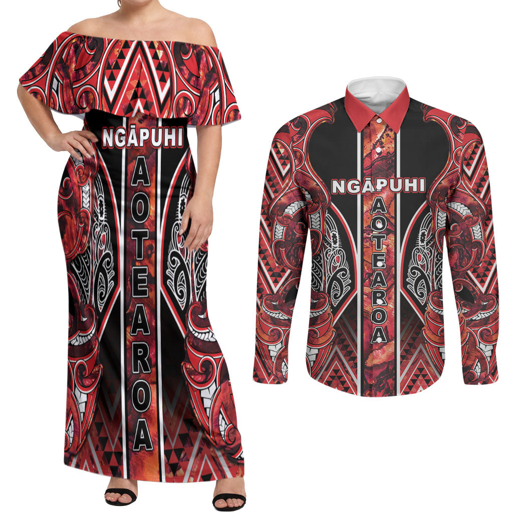 Aotearoa Ngapuhi Couples Matching Off Shoulder Maxi Dress and Long Sleeve Button Shirt Maori Red Tribal Paua Shell Pattern