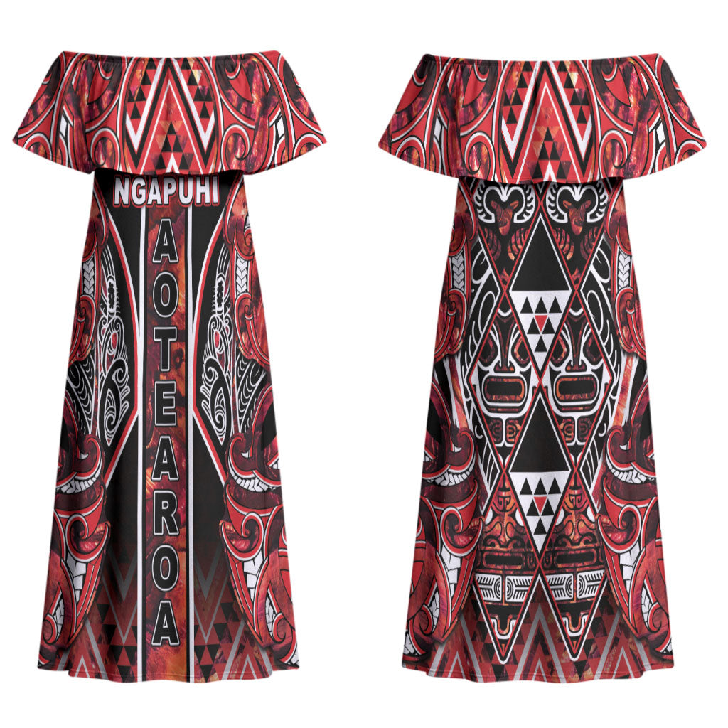 Aotearoa Ngapuhi Couples Matching Off Shoulder Maxi Dress and Long Sleeve Button Shirt Maori Red Tribal Paua Shell Pattern