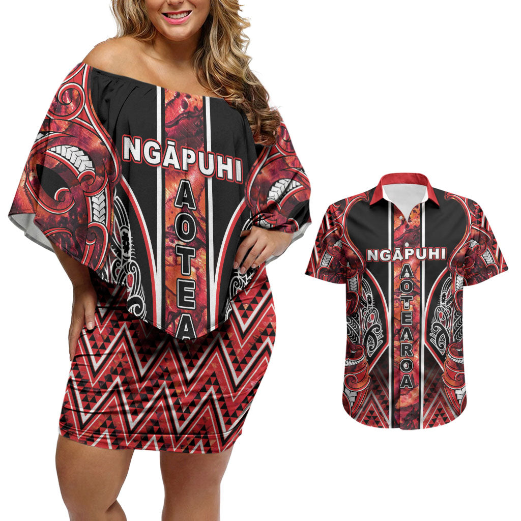 Aotearoa Ngapuhi Couples Matching Off Shoulder Short Dress and Hawaiian Shirt Maori Red Tribal Paua Shell Pattern DT05 Red - Polynesian Pride