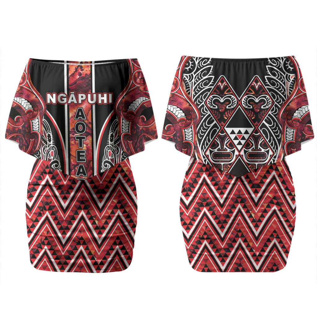 Aotearoa Ngapuhi Couples Matching Off Shoulder Short Dress and Hawaiian Shirt Maori Red Tribal Paua Shell Pattern