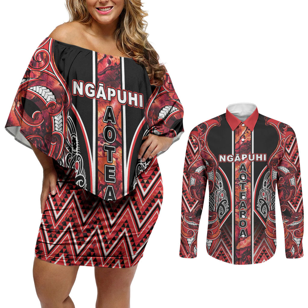 Aotearoa Ngapuhi Couples Matching Off Shoulder Short Dress and Long Sleeve Button Shirt Maori Red Tribal Paua Shell Pattern DT05 Red - Polynesian Pride