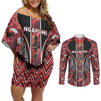Aotearoa Ngapuhi Couples Matching Off Shoulder Short Dress and Long Sleeve Button Shirt Maori Red Tribal Paua Shell Pattern