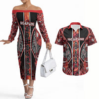 Aotearoa Ngapuhi Couples Matching Off The Shoulder Long Sleeve Dress and Hawaiian Shirt Maori Red Tribal Paua Shell Pattern