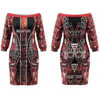 Aotearoa Ngapuhi Couples Matching Off The Shoulder Long Sleeve Dress and Hawaiian Shirt Maori Red Tribal Paua Shell Pattern