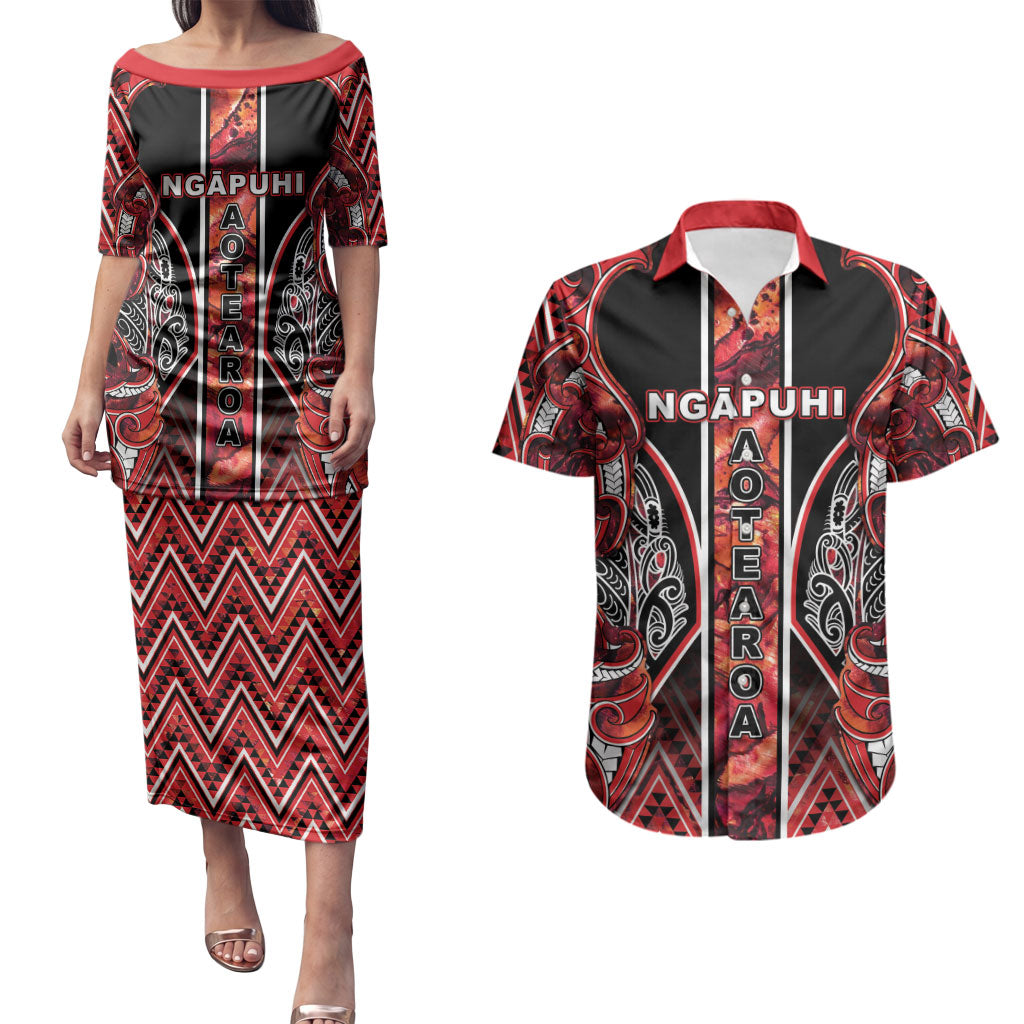 Aotearoa Ngapuhi Couples Matching Puletasi and Hawaiian Shirt Maori Red Tribal Paua Shell Pattern