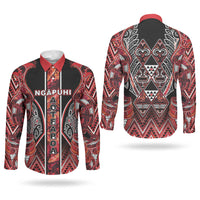 Aotearoa Ngapuhi Couples Matching Puletasi and Long Sleeve Button Shirt Maori Red Tribal Paua Shell Pattern