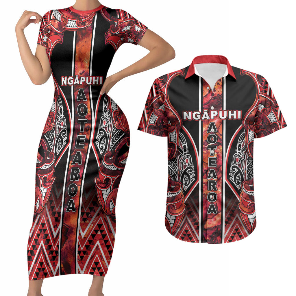 Aotearoa Ngapuhi Couples Matching Short Sleeve Bodycon Dress and Hawaiian Shirt Maori Red Tribal Paua Shell Pattern