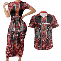 Aotearoa Ngapuhi Couples Matching Short Sleeve Bodycon Dress and Hawaiian Shirt Maori Red Tribal Paua Shell Pattern