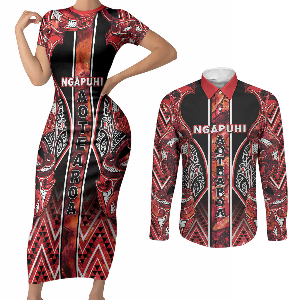 Aotearoa Ngapuhi Couples Matching Short Sleeve Bodycon Dress and Long Sleeve Button Shirt Maori Red Tribal Paua Shell Pattern DT05 Red - Polynesian Pride