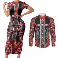 Aotearoa Ngapuhi Couples Matching Short Sleeve Bodycon Dress and Long Sleeve Button Shirt Maori Red Tribal Paua Shell Pattern
