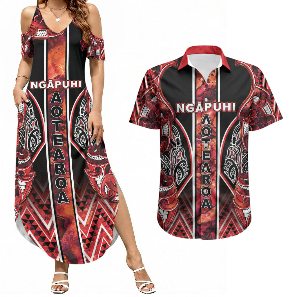 Aotearoa Ngapuhi Couples Matching Summer Maxi Dress and Hawaiian Shirt Maori Red Tribal Paua Shell Pattern DT05 Red - Polynesian Pride