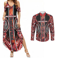 Aotearoa Ngapuhi Couples Matching Summer Maxi Dress and Long Sleeve Button Shirt Maori Red Tribal Paua Shell Pattern