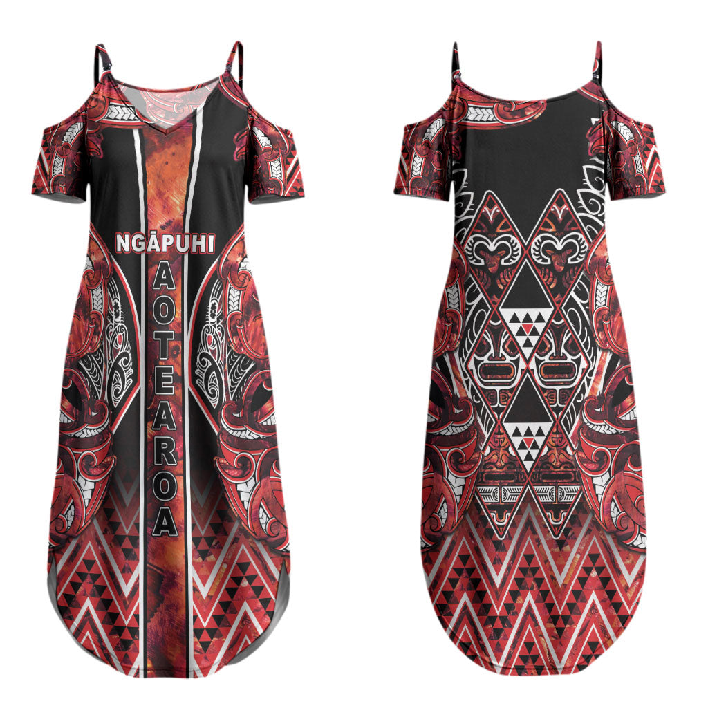 Aotearoa Ngapuhi Couples Matching Summer Maxi Dress and Long Sleeve Button Shirt Maori Red Tribal Paua Shell Pattern