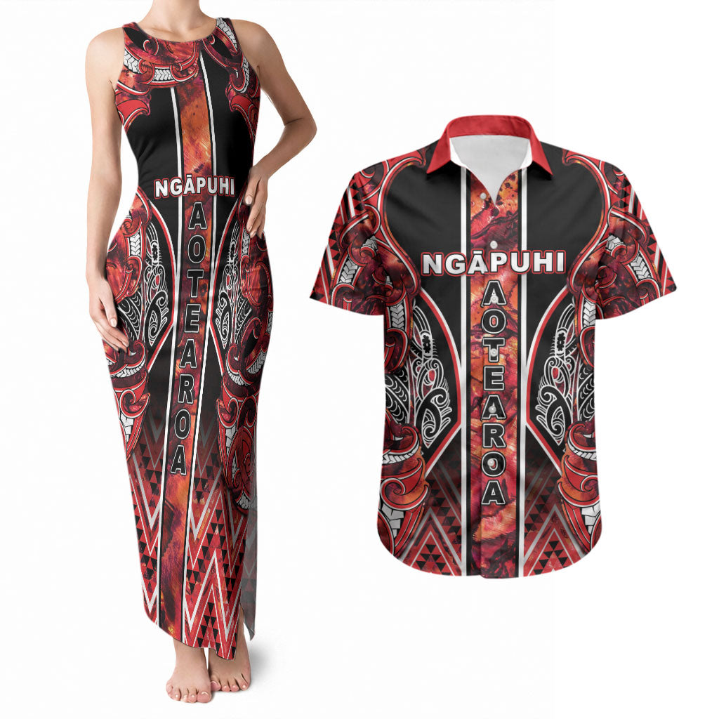 Aotearoa Ngapuhi Couples Matching Tank Maxi Dress and Hawaiian Shirt Maori Red Tribal Paua Shell Pattern