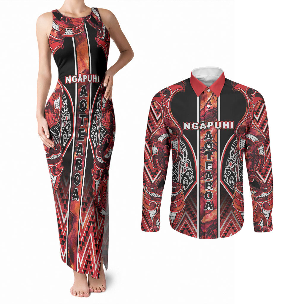 Aotearoa Ngapuhi Couples Matching Tank Maxi Dress and Long Sleeve Button Shirt Maori Red Tribal Paua Shell Pattern