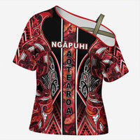 Aotearoa Ngapuhi Cross Shoulder Shirt Maori Red Tribal Paua Shell Pattern