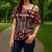 Aotearoa Ngapuhi Cross Shoulder Shirt Maori Red Tribal Paua Shell Pattern
