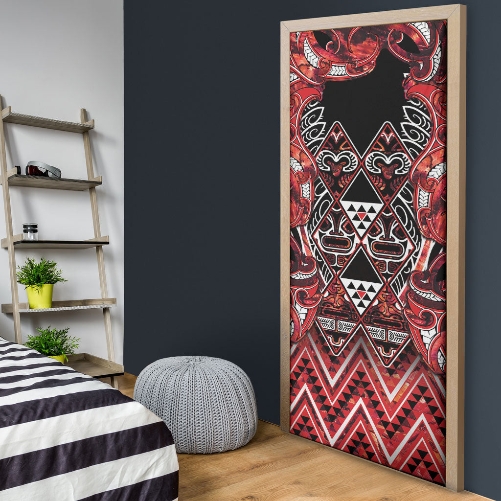 Aotearoa Ngapuhi Door Cover Maori Red Tribal Paua Shell Pattern