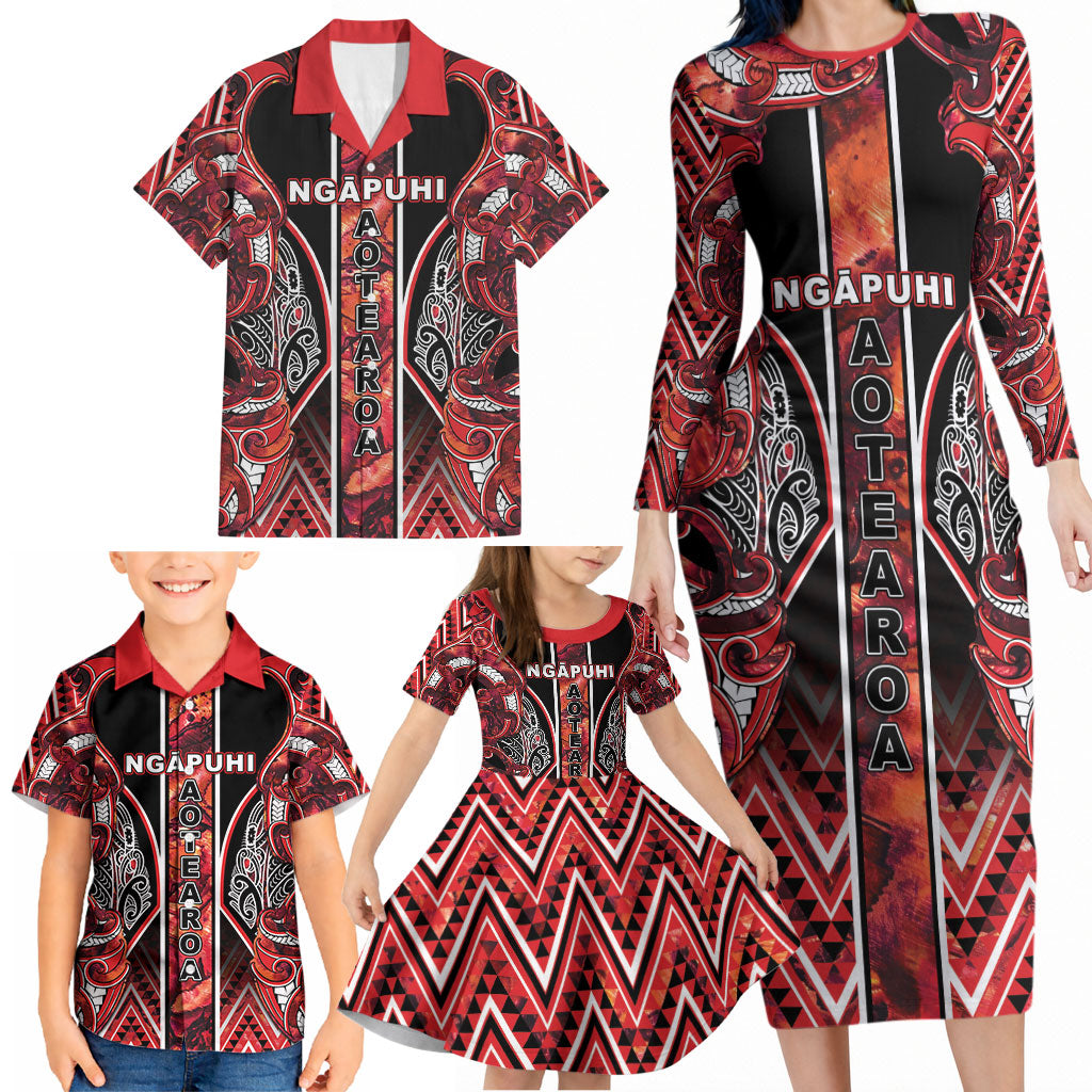 Aotearoa Ngapuhi Family Matching Long Sleeve Bodycon Dress and Hawaiian Shirt Maori Red Tribal Paua Shell Pattern