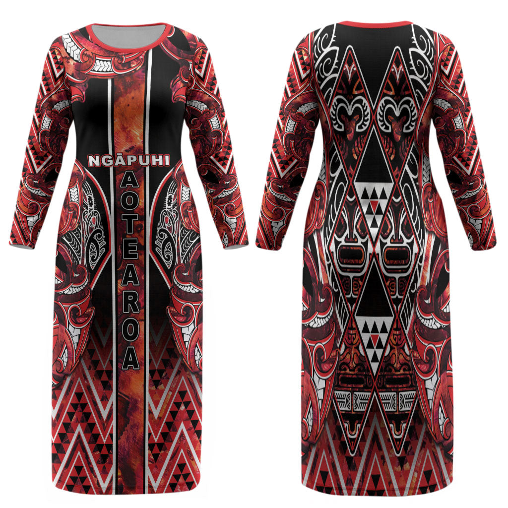 Aotearoa Ngapuhi Family Matching Long Sleeve Bodycon Dress and Hawaiian Shirt Maori Red Tribal Paua Shell Pattern