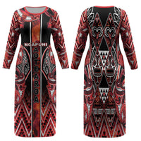 Aotearoa Ngapuhi Family Matching Long Sleeve Bodycon Dress and Hawaiian Shirt Maori Red Tribal Paua Shell Pattern