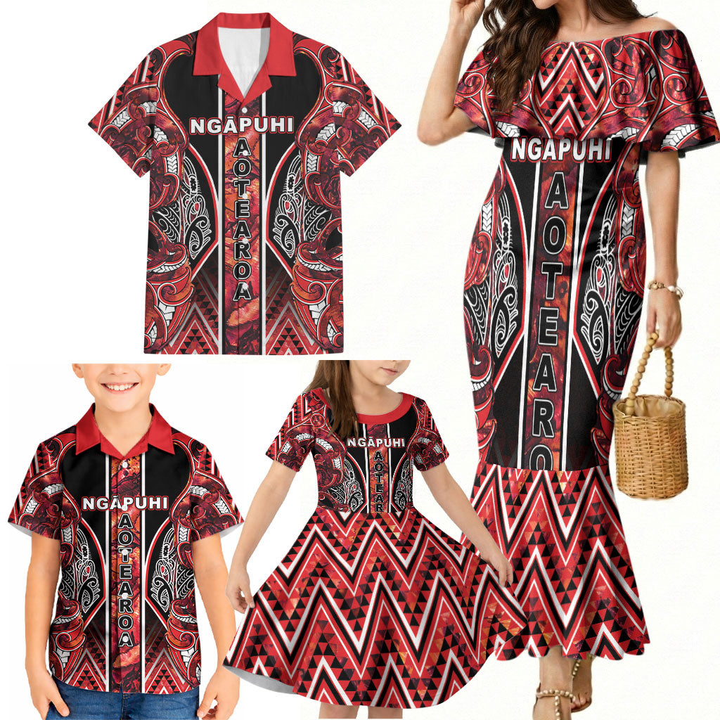 Aotearoa Ngapuhi Family Matching Mermaid Dress and Hawaiian Shirt Maori Red Tribal Paua Shell Pattern DT05 - Polynesian Pride