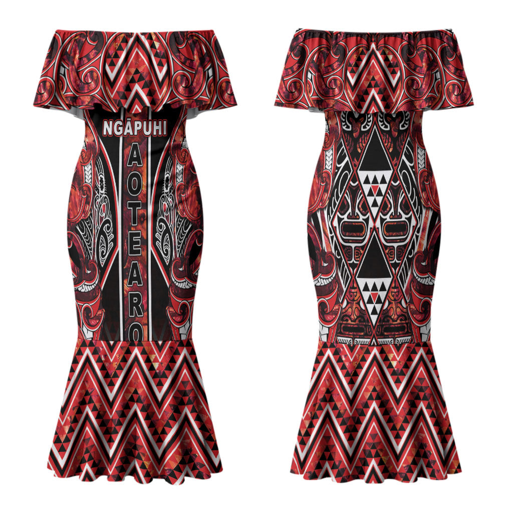 Aotearoa Ngapuhi Family Matching Mermaid Dress and Hawaiian Shirt Maori Red Tribal Paua Shell Pattern