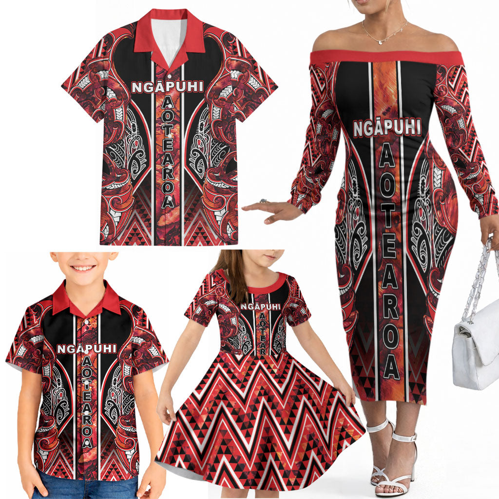 Aotearoa Ngapuhi Family Matching Off The Shoulder Long Sleeve Dress and Hawaiian Shirt Maori Red Tribal Paua Shell Pattern DT05 - Polynesian Pride