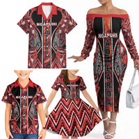 Aotearoa Ngapuhi Family Matching Off The Shoulder Long Sleeve Dress and Hawaiian Shirt Maori Red Tribal Paua Shell Pattern