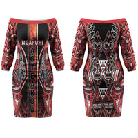 Aotearoa Ngapuhi Family Matching Off The Shoulder Long Sleeve Dress and Hawaiian Shirt Maori Red Tribal Paua Shell Pattern