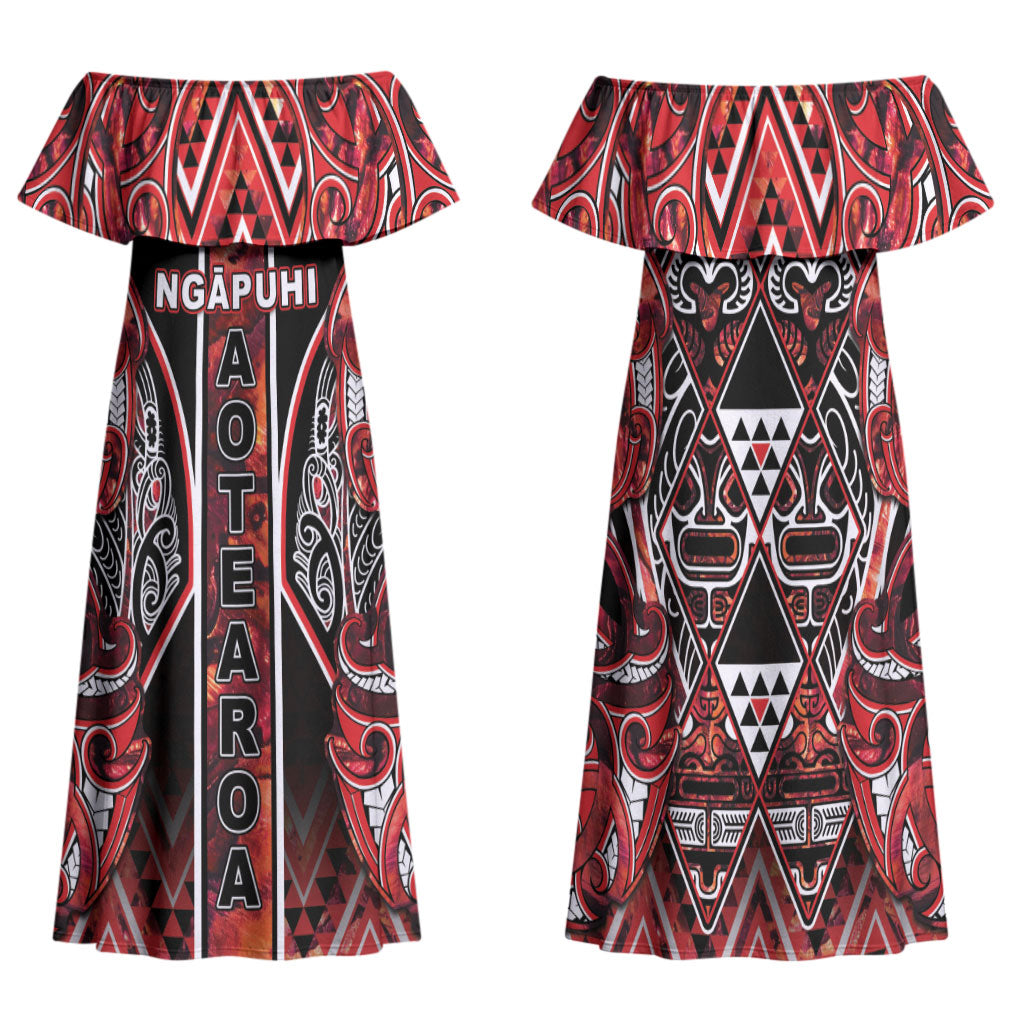 Aotearoa Ngapuhi Family Matching Off Shoulder Maxi Dress and Hawaiian Shirt Maori Red Tribal Paua Shell Pattern