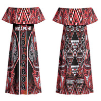 Aotearoa Ngapuhi Family Matching Off Shoulder Maxi Dress and Hawaiian Shirt Maori Red Tribal Paua Shell Pattern